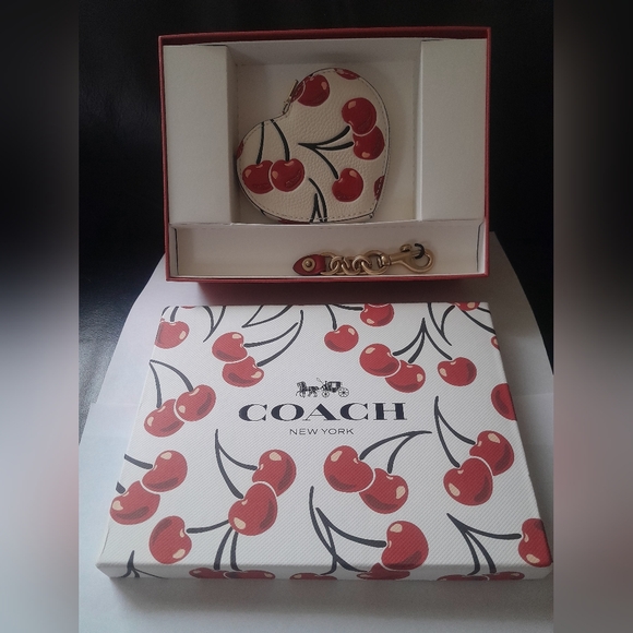 Coach Handbags - New Coach Heart Shape Cherry Print Coin Coin/ Tote Charm  Dog Clip & Gift Box